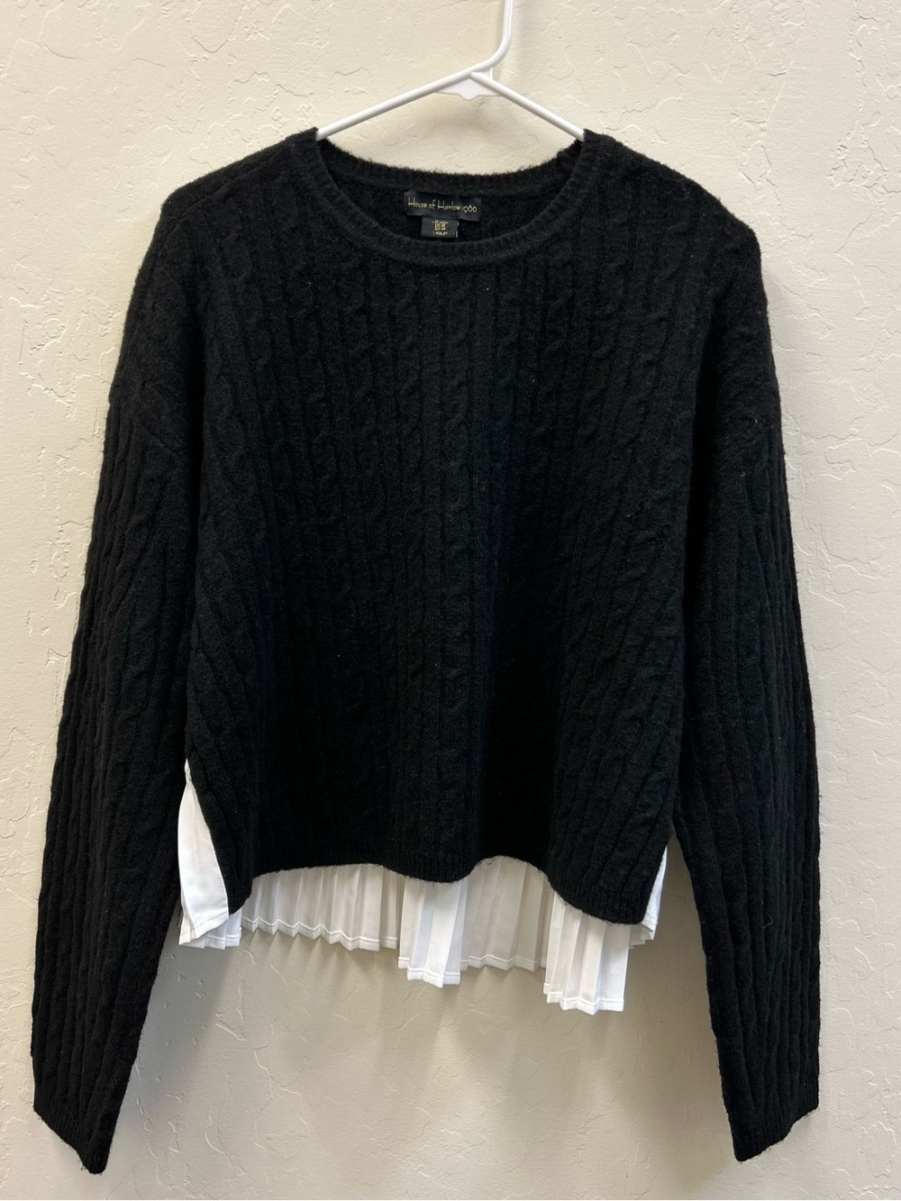 House of Harlow 1960 Black Cable Knit Sweater with built in white pleated top M